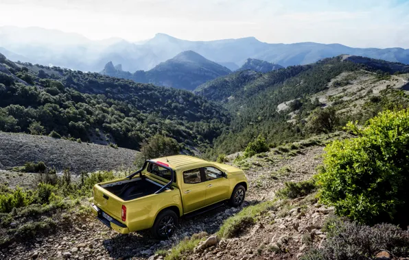 Picture trees, landscape, mountains, stones, yellow, vegetation, Mercedes-Benz, pickup