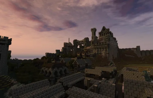 Roof, the sky, grass, clouds, trees, house, tower, Minecraft