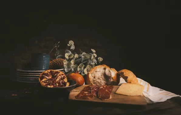 The dark background, table, cheese, bread, meat, still life, garnet