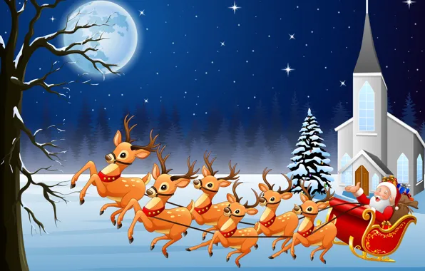 Picture the moon, Christmas, New year, team, sleigh, deer, Santa Claus, Santa Claus