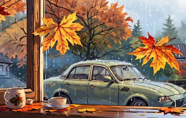 Rain, maple leaf, the event, auto, mug of tea