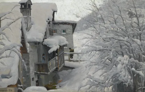 Picture winter, snow, landscape, house, picture, La Punt-Chamues-CH, Peter Merk Of Menstad, Peder Mørk Mønsted
