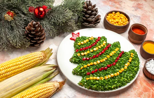 Greens, red, table, star, ball, corn, plate, Christmas