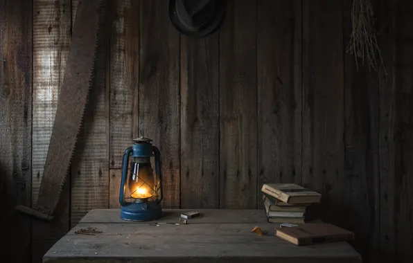 Picture heat, table, tree, fire, Board, books, lamp, kerosene stove