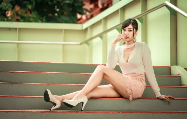 Picture girl, skirt, blouse, steps, legs, Asian, sitting