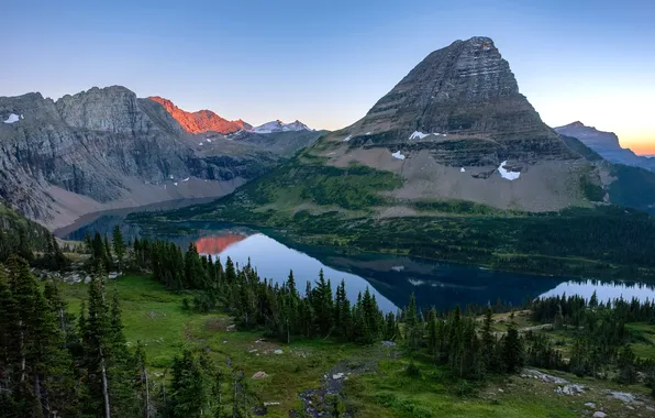 Lake, Montana, USA, National Park, Lake, Montana, National Park, Sunset Bearhat Mountain Glacier