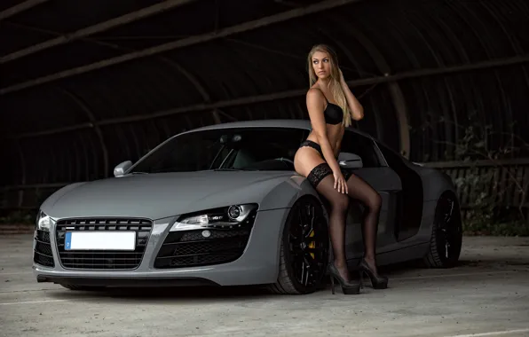 Pose, model, panties, stockings, makeup, figure, hairstyle, blonde