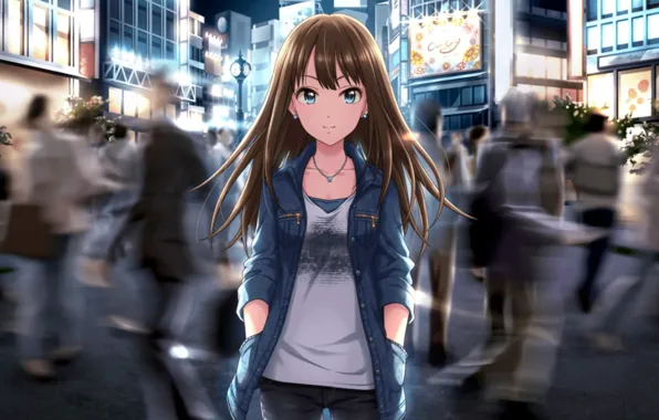 Girl, the city, smile, people, the crowd, home, anime, art