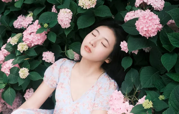 Beautiful, Asian, Model, Flowers, Woman, Pretty, Sitting, Outdoor