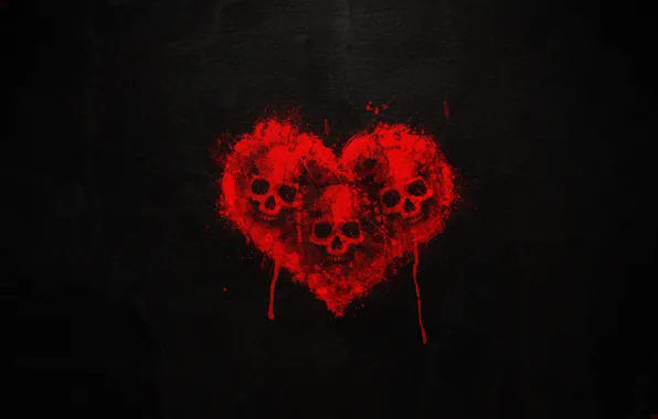 Picture blood, Heart, Skull, black background, Three skulls