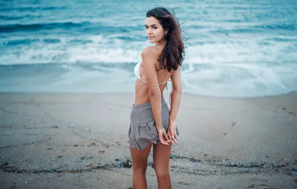 Sea, beach, look, girl, pose, skirt, hands, Anna