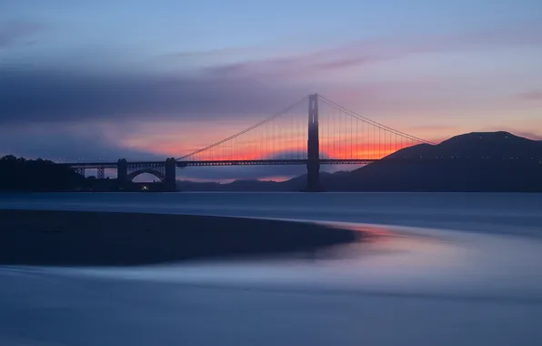 The sky, clouds, sunset, orange, bridge, Strait, the evening, CA