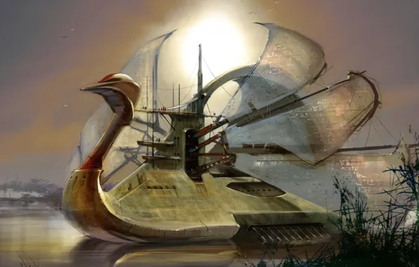 Swan, River, Ship, The ship, Fantasy, Sails, Art, Fiction