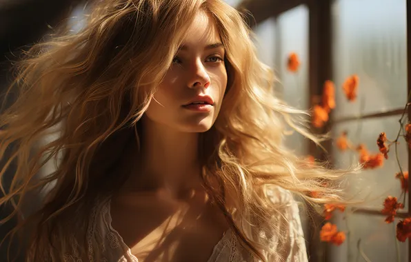 Look, leaves, girl, light, pose, portrait, window, blonde