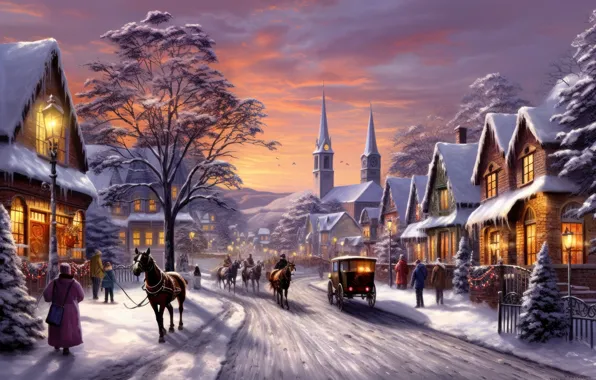 Winter, snow, the city, house, building, home, Christmas, New year
