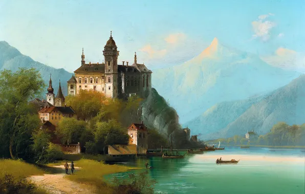 Mountains, Lake, Castle, Picture, Johann Wilhelm Jankowski, Austrian-Czech artist, Johann Wilhelm Jankowski, Castle on the …