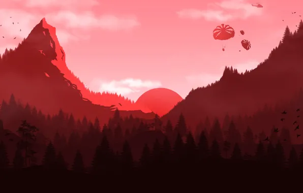 Picture forest, the sun, sunset, mountains, skydivers