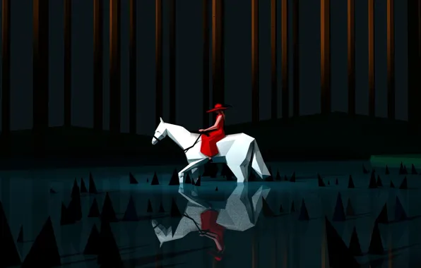 Reflection, Girl, Minimalism, Horse, White, Forest, Horse, In red