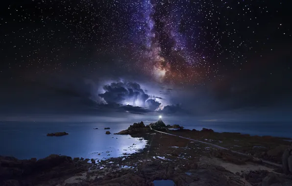 Sea, stars, light, night, clouds, stones, shore, lighthouse