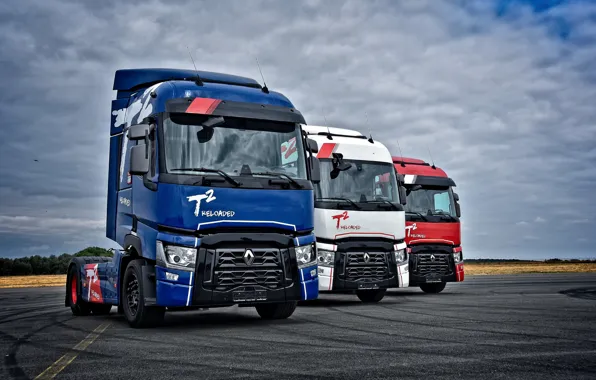 The sky, asphalt, clouds, trucks, Renault, tractors, 4x2, Renault Trucks