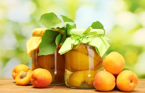 Greens, table, jars, sweet, fruit, leaves, apricots, compote