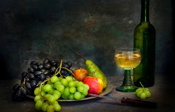 Picture bottle, knife, fruit, still life, white wine, Sweet wine flows