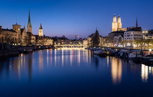 Picture bridge, lights, river, the evening, Switzerland, Zurich