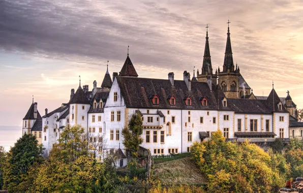 Clouds, castle, tower, hill