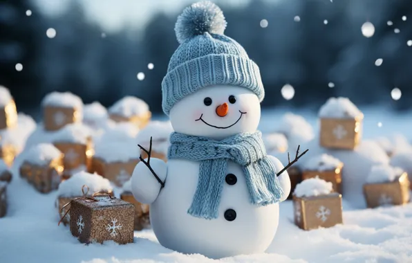 Winter, snow, New Year, Christmas, snowman, happy, Christmas, night
