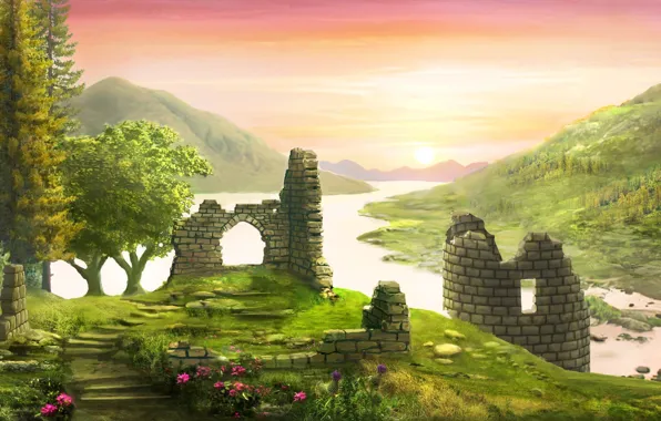 Forest, flowers, river, castle, hills, tower, art, ruins