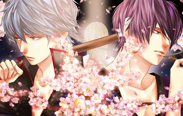 Picture flowers, smoke, art, guys, bandages, gintama, sakata gintoki, takasugi shinsuke