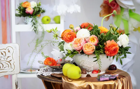 Picture flowers, table, apples, bouquet, vase, cake