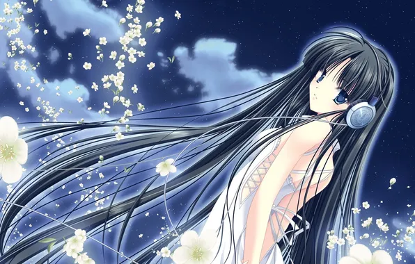 Picture the sky, girl, flowers, headphones, dress, chaos labyrinth