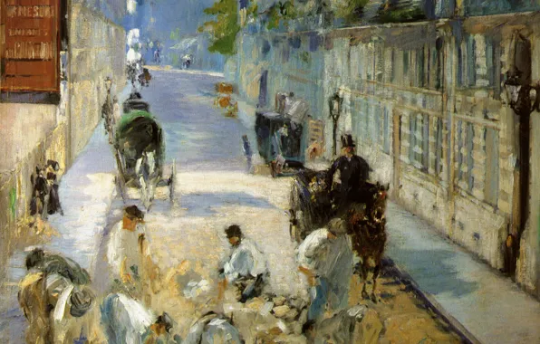 Picture street, picture, working, repair, the urban landscape, Edouard Manet, The Street Mosnier with the Pavers