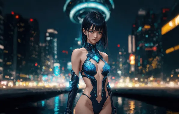 City, girl, fantasy, anime, night, art, cyberpunk, painting