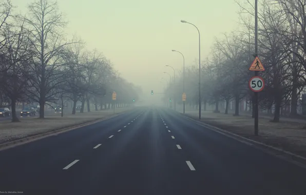 Picture fog, dawn, sign, morning, pedestrian, The CITY, restriction, Away we go