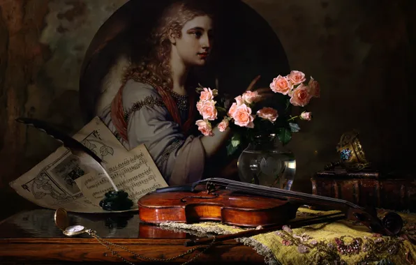 Picture notes, violin, roses, picture