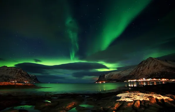Picture sea, the sky, night, rocks, Northern lights, Norway, Norway, The Lofoten Islands