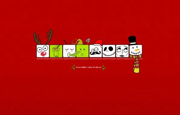 Picture squares, holiday, new year, minimalism, deer, snowman, new year, red background