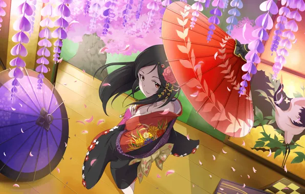 Umbrella, Sakura, kimono, crane, Momoi Satsuki, Wisteria, Idolmaster, the idolm @ ster: girls-Cinderella