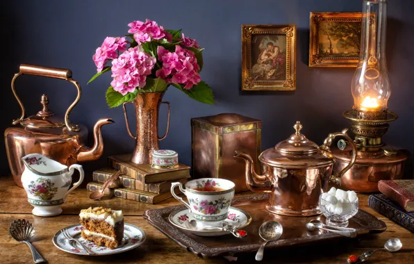 Picture flowers, tea, bouquet, cake, still life
