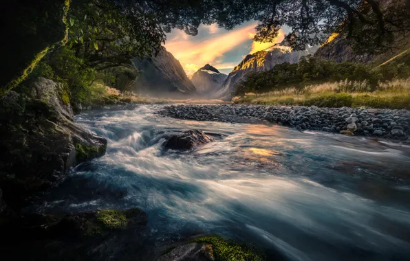 Trees, landscape, mountains, nature, river, stones, vegetation, the volcano