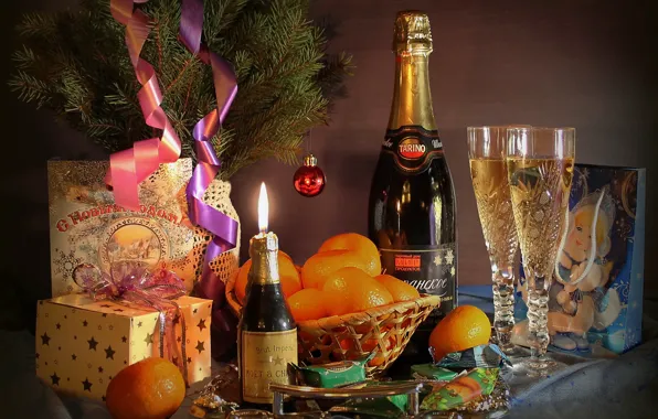Table, fire, holiday, candle, glasses, Christmas, candy, gifts