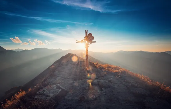 The sky, the sun, rays, mountains, glare, stones, sign, heart