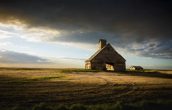 Field, the sky, light, clouds, house, the barn, wooden, old