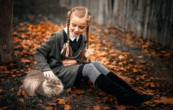 Picture autumn, cat, girl, the beauty, Sergey Piltnik