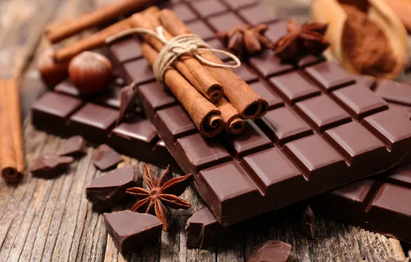 Chocolate, cinnamon, sweet, tiles, hazelnuts, Anis
