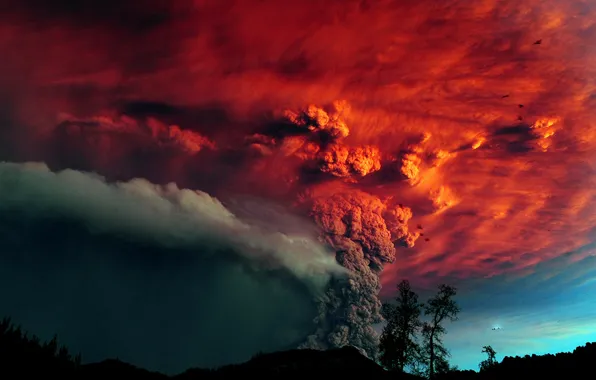 Trees, ash, The volcano, the eruption, red sky