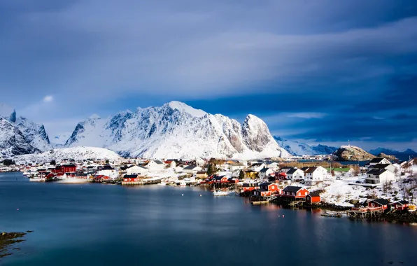 Winter, snow, mountains, blue, rocks, shore, tops, the evening