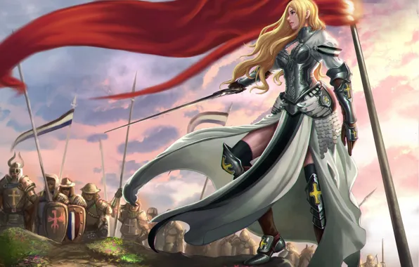Pose, weapons, sword, armor, art, army, girl. warrior, red flag